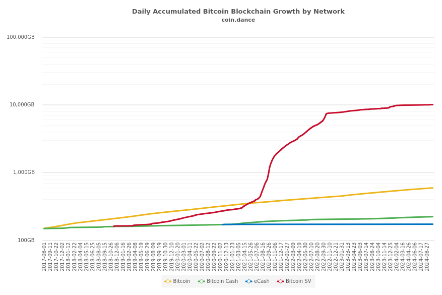 Daily Accumulated Bitcoin Blockchain Growth by Network