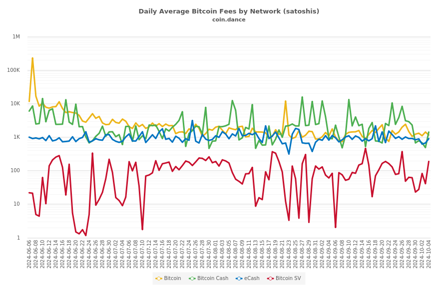 Daily Average Bitcoin Fees by Network (satoshis)