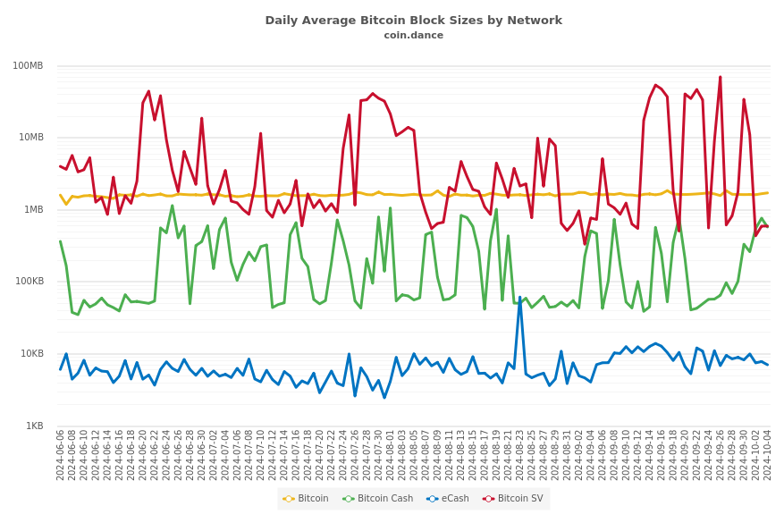 Daily Average Bitcoin Block Sizes by Network